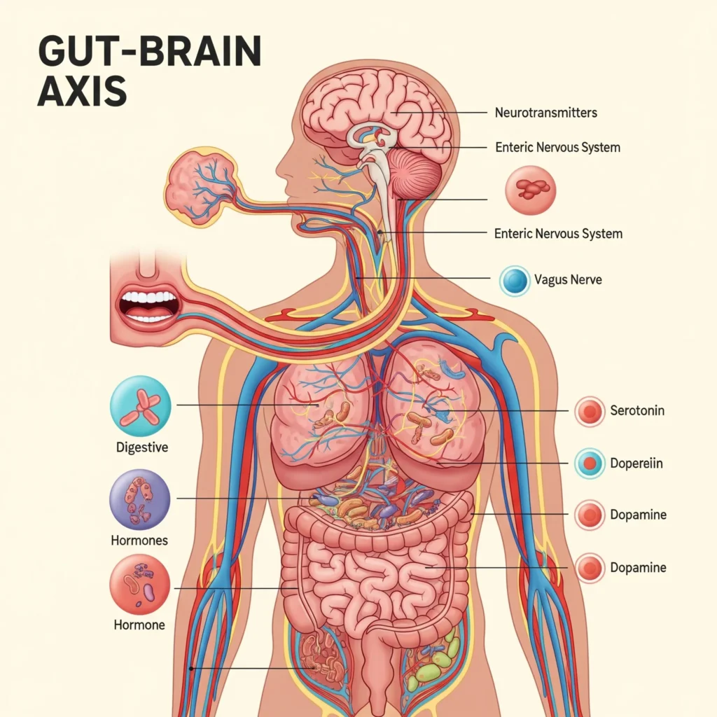 The gut-brain axis, illustrating how dietary strategies for managing chronic diseases impact both physical and mental health.