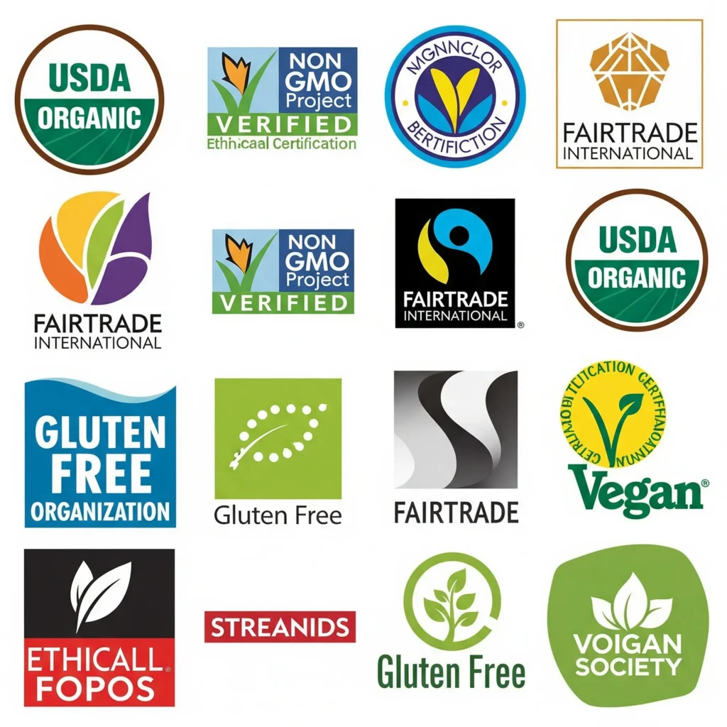 A collection of diverse food certification logos, representing transparency and consumer choice. This is for understanding Food Certifications 
