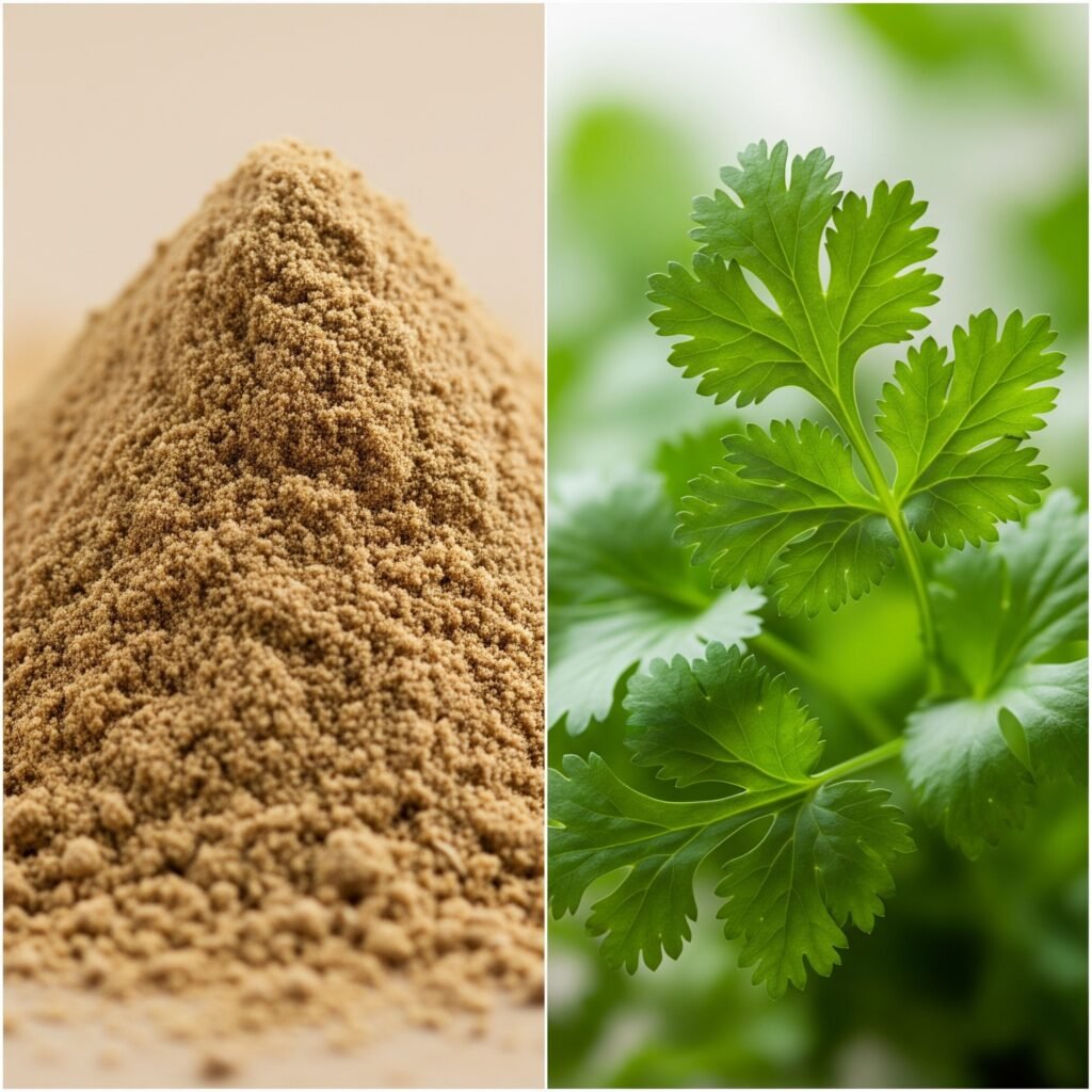 Ground coriander and fresh cilantro, showing the two forms of this essential plant for understanding Indian spices.