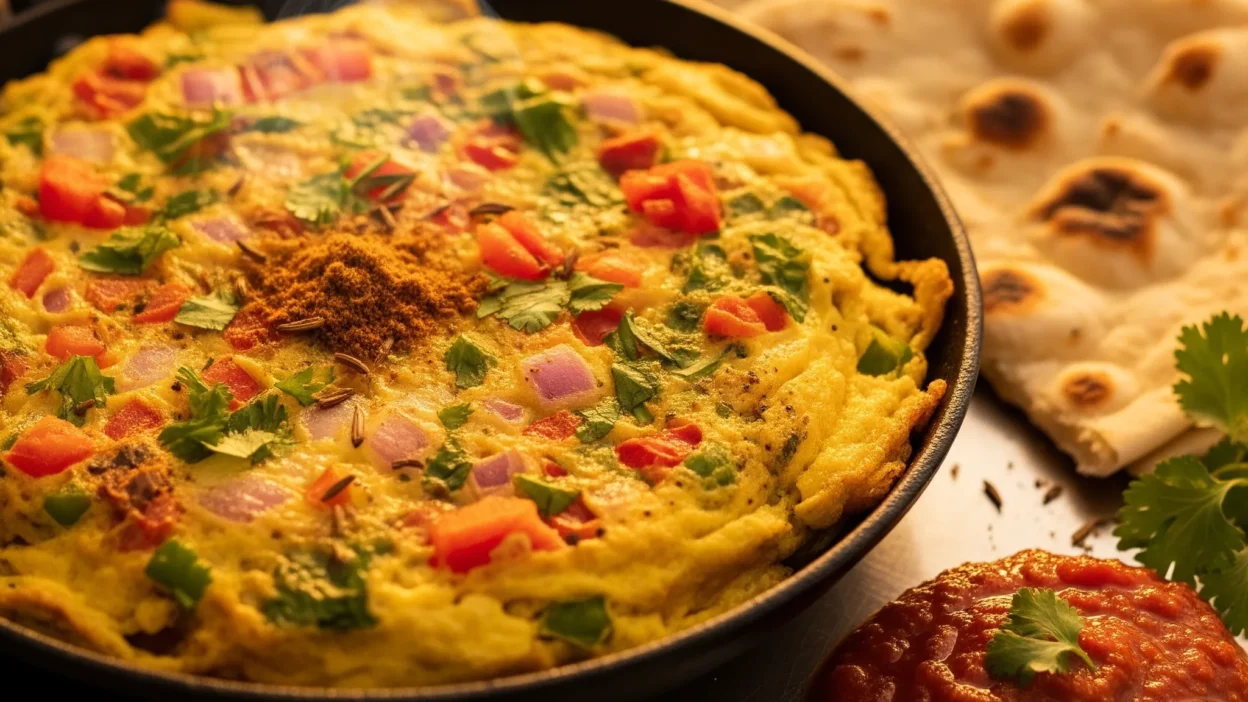 Indian Masala Egg Omelette served with roti and chutney