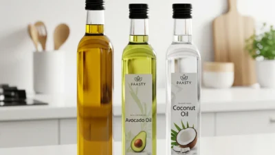 A selection of the healthiest cooking oils in glass bottles ready for use in the kitchen.