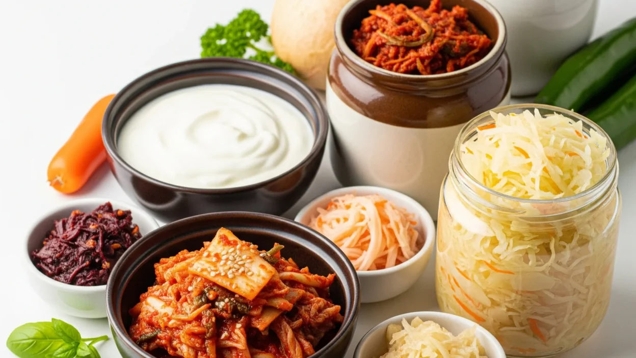 Fermented foods, rich in probiotics, essential for gut health.