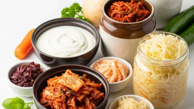 Fermented foods, rich in probiotics, essential for gut health.