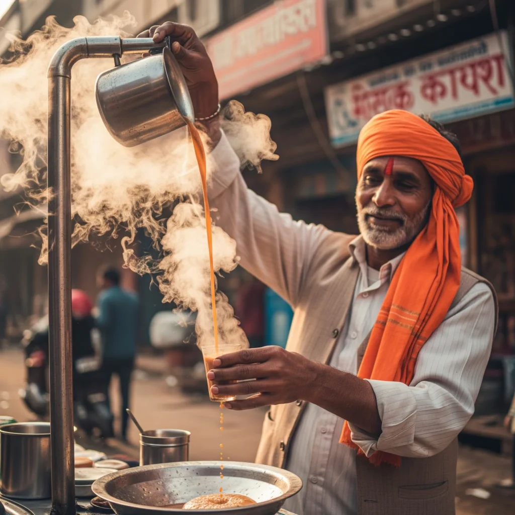 A chai-walla pouring one of India's most iconic beverages, masala chai.