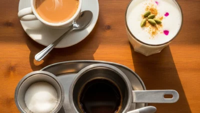 A collection of iconic Indian beverages including chai, lassi, and coffee, representing India's drink culture.