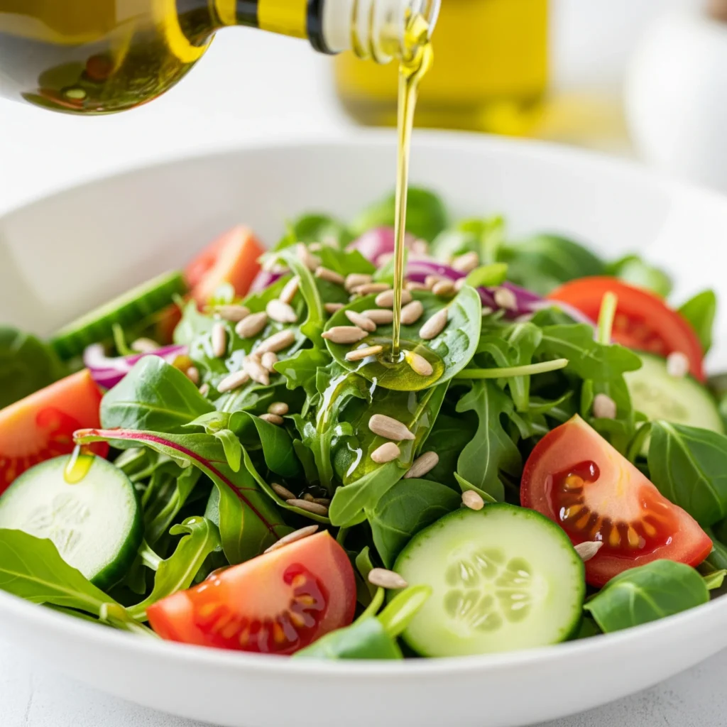 Extra virgin olive oil, one of the healthiest cooking oils, being used on a fresh salad.