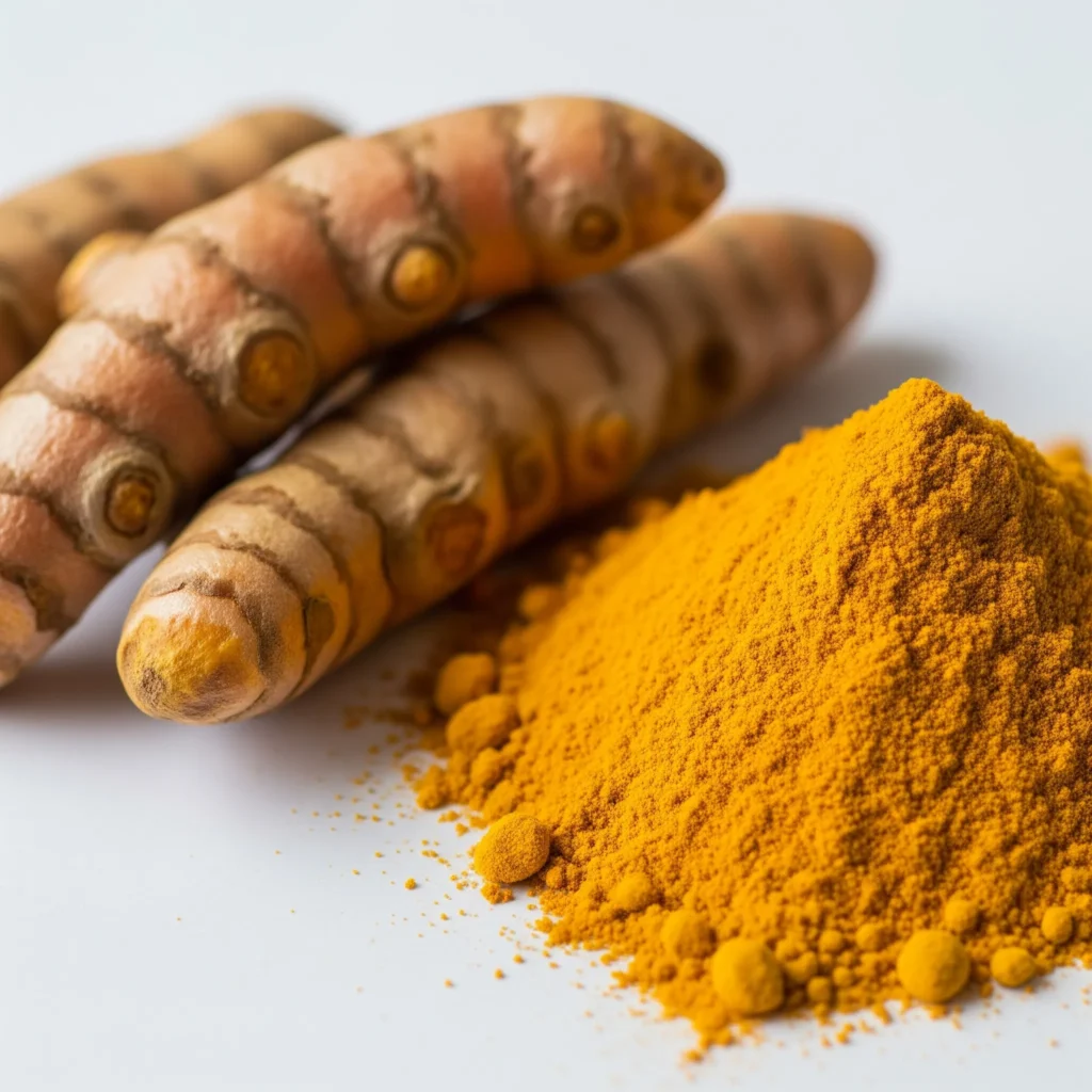 Turmeric powder and root, a key component for understanding Indian spices' color and health benefits.