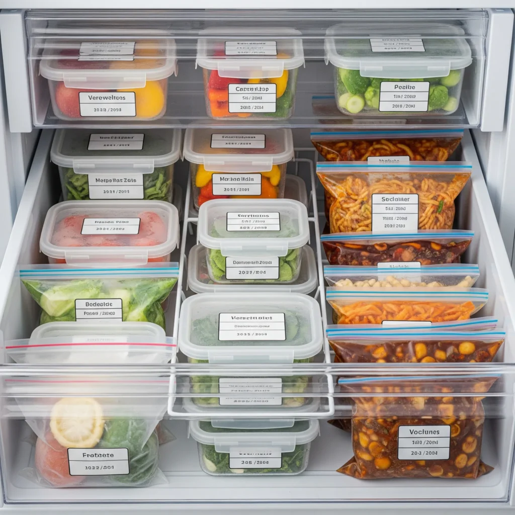 Organized freezer containers, demonstrating one of the most effective food storage methods for long-term preservation.