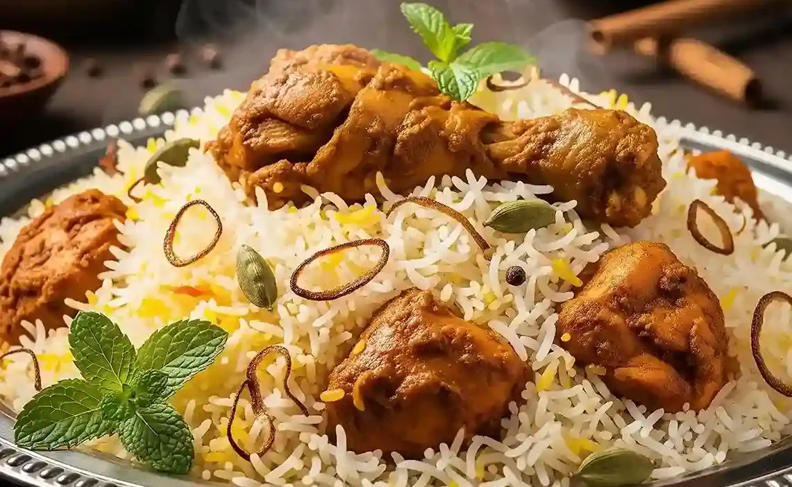Hyderabadi Chicken Dum Biryani, a flavorful and royal dish.